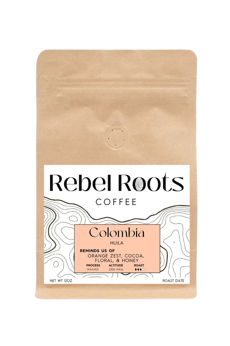 Rebel Roots Coffee bag with a white label on a beige background