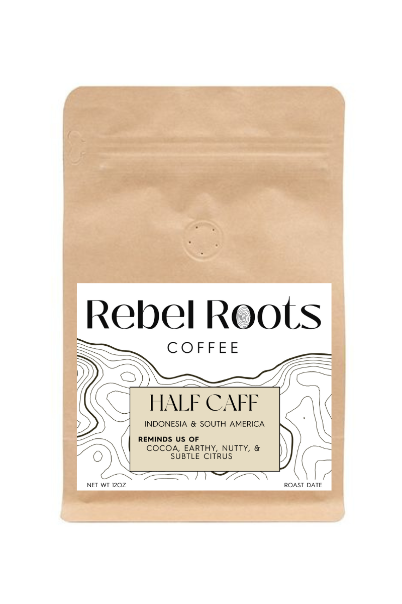 Rebel Roots Coffee package with a white label on a beige background