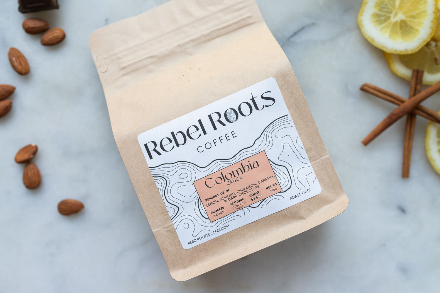 Single origin organic coffee beans from Colombia's Cauca region.