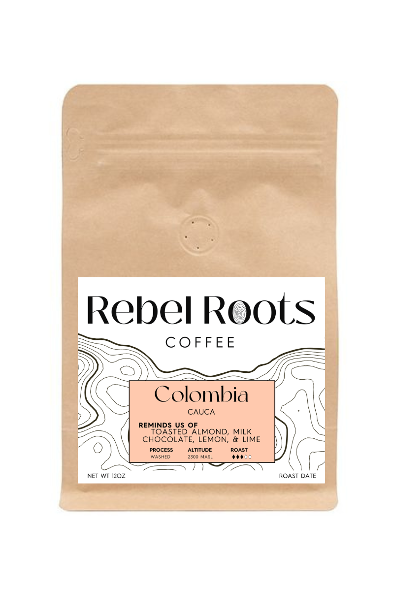 Rebel Roots Coffee package with a white label on a beige background