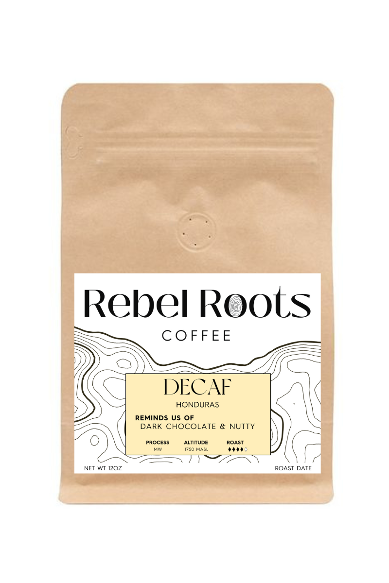 Rebel Roots Coffee decaf package on a white background