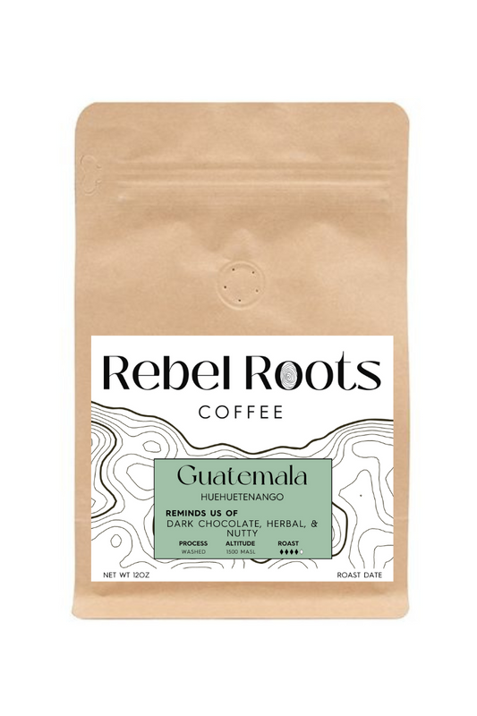 Rebel Roots Coffee package with Guatemala flavor description on a white background