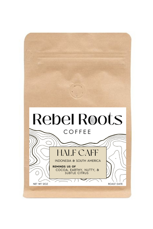 Rebel Roots Coffee package with a white label on a beige background