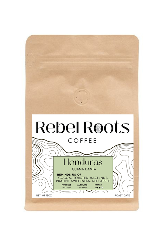 Rebel Roots Coffee Honduras Guama Santa package on a white background